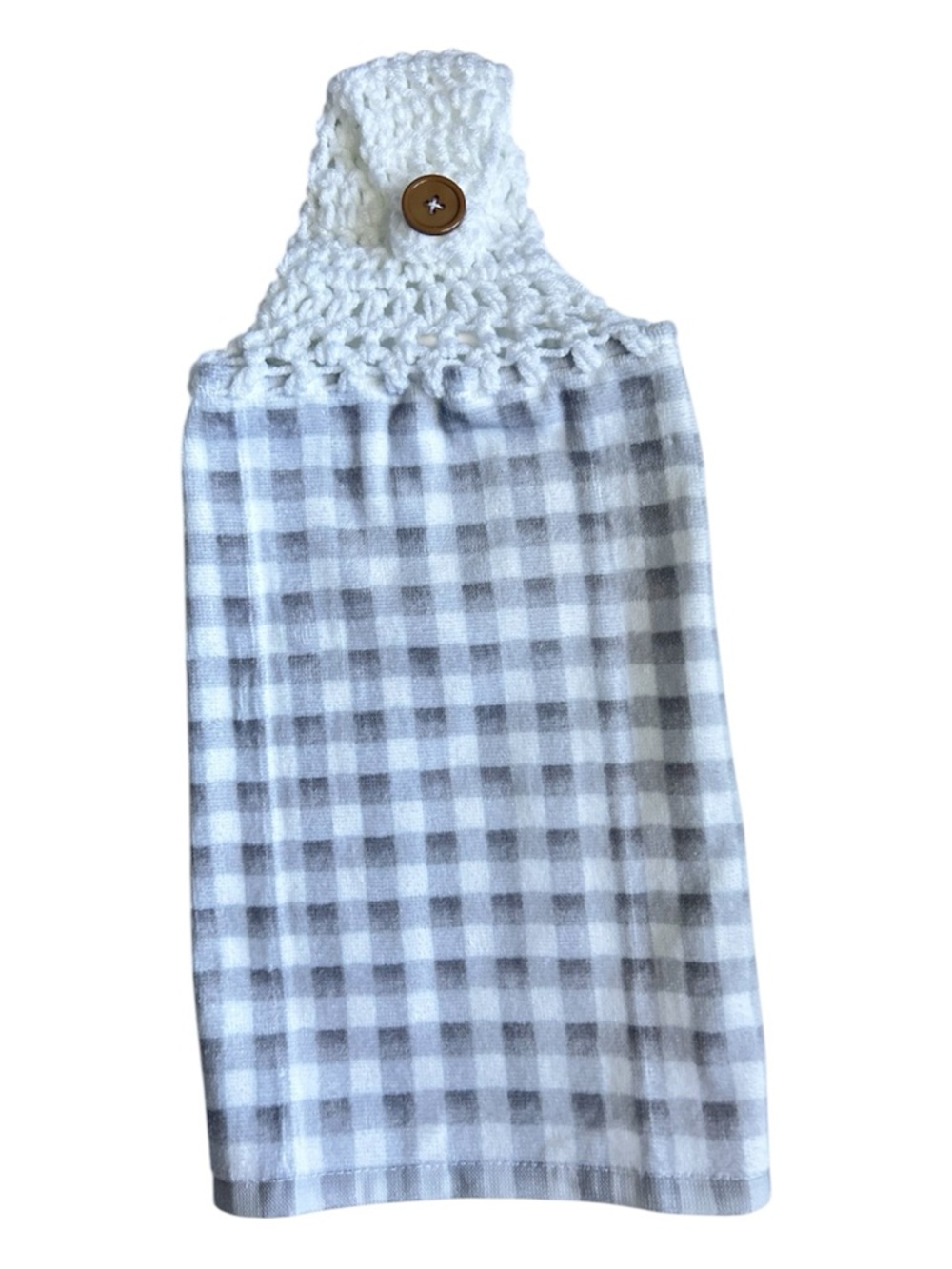 Hand Crafted White and Gray Gingham Crochet Top Hanging Kitchen Hand Towel
